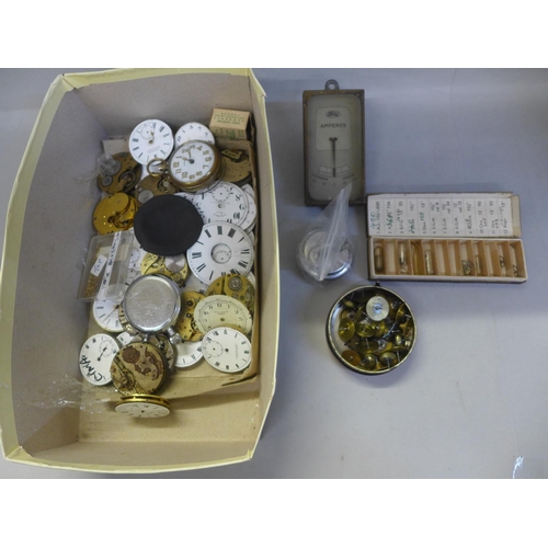 716 - A box of pocket watch movements and parts, etc.