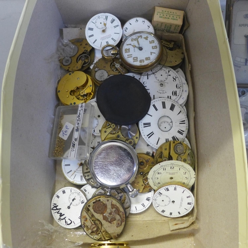 716 - A box of pocket watch movements and parts, etc.