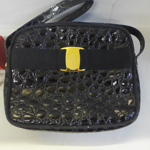 719 - A Salvatore Ferragamo mock crocodile handbag and a scarf ring