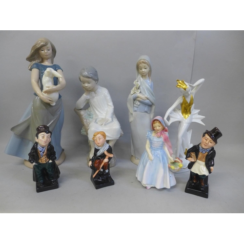 721 - Three Royal Doulton Dickens figures, other figures comprising a Royal Doulton Wendy, a/f, two Lladro... 