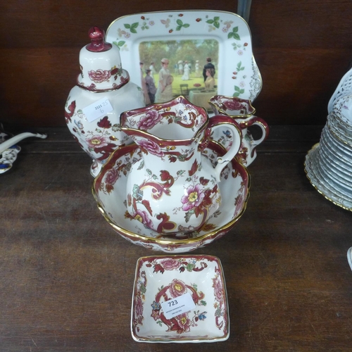 723 - Mason's Red Mandalay Ironstone pottery (5) and a Wedgwood Wimbledon collection plate, lidded vase a/... 