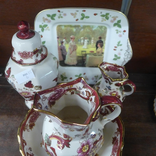 723 - Mason's Red Mandalay Ironstone pottery (5) and a Wedgwood Wimbledon collection plate, lidded vase a/... 