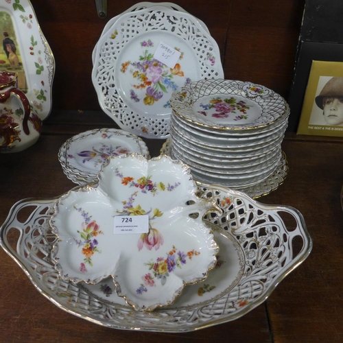 724 - A collection of German/Austrian pierced plates with floral decoration including two Meissen and a pi... 