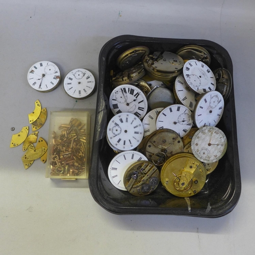 729 - A box of pocket watch movements, including English lever and a box of watch strap ends for lady's wa... 