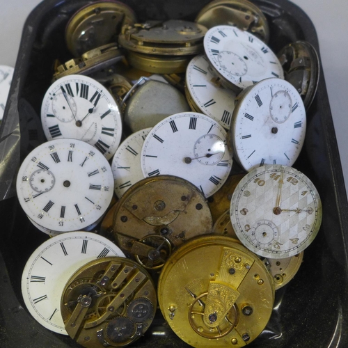 729 - A box of pocket watch movements, including English lever and a box of watch strap ends for lady's wa... 