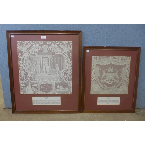 343 - A framed Nottingham Coat of Arms lace work embroidery and another