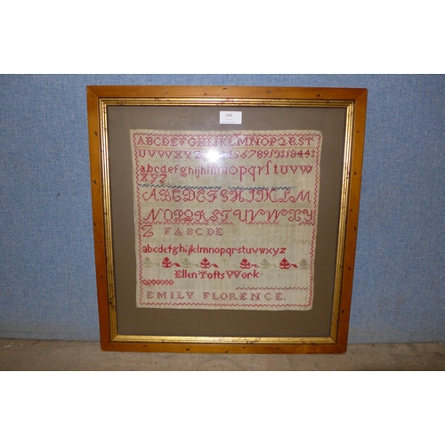 344 - A Victorian sampler by Ellen Toft, framed