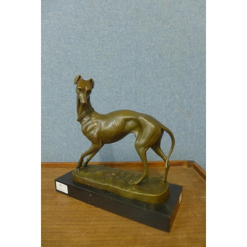 355 - A French bronze figure of a whippet, on black marble plinth