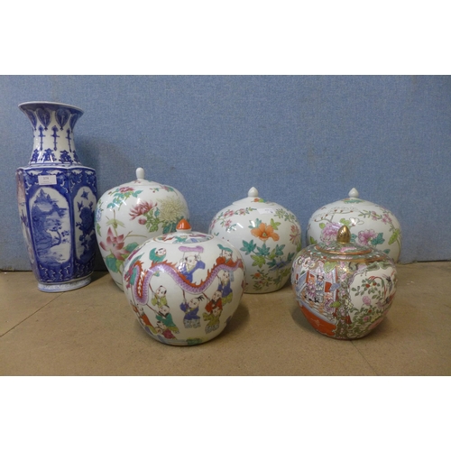 374 - Five oriental famille rose porcelain ginger jars and a blue and white vase