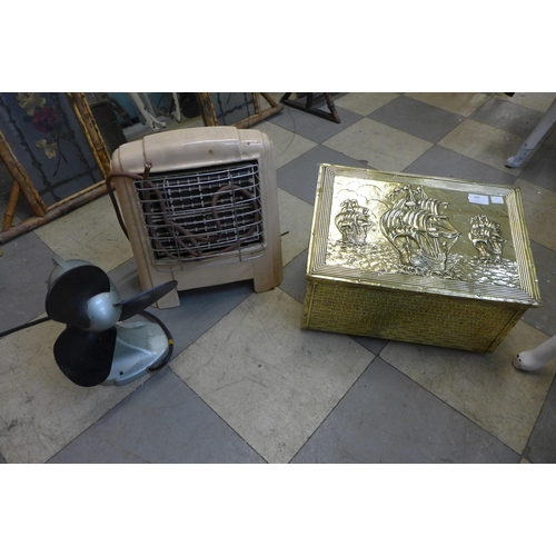 380 - An enamelled heater, a GEC table fan and a brass coal box