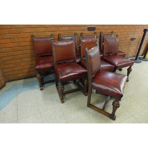 5 - A set of eight 17th Century style carved oak and red leather chairs