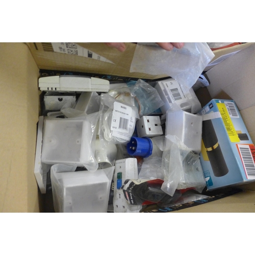 2056 - Box of assorted electrical fittings including sockets, lamp holders, metal boxes, etc. and a box of ... 