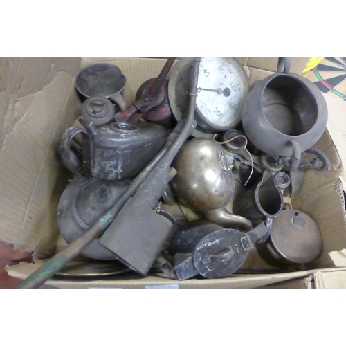 2159 - Box of mixed items inc. gauge, oil cans, jugs, binoculars, etc.