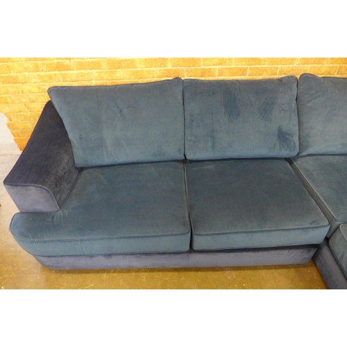 1527 - A petrol blue two tone velvet three seater corner sofa/chaise