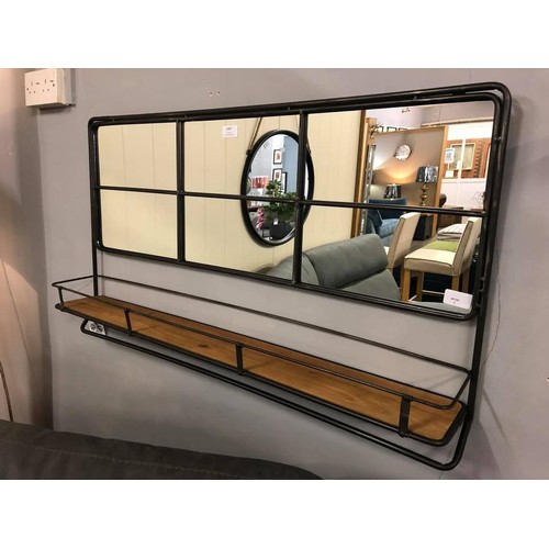 1424 - An industrial metal wall mirror with shelf, H 55cms x W 94cms (RFB3342)   #