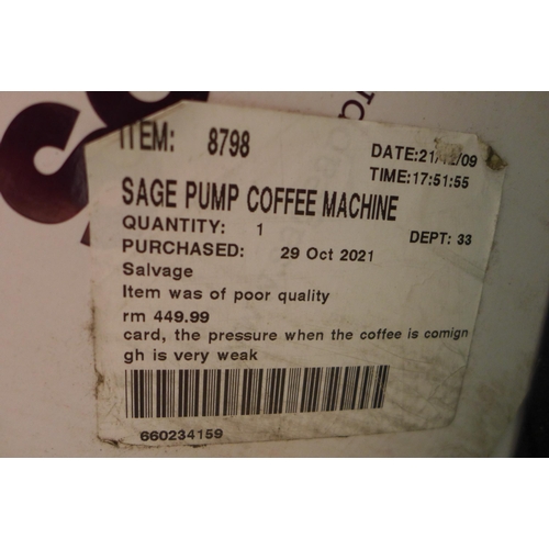 3002 - Sage Pump Coffee Machine, Original Rrp £449.99 + Vat (244-349)  * This Lot Is Subject To Vat