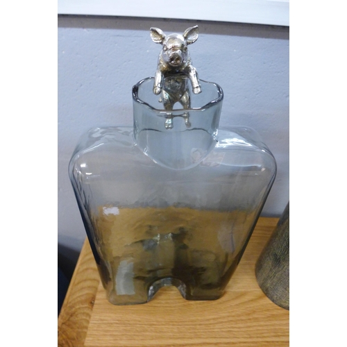 1371 - A Marly glass bottle vase, H 30cms (505941339781318)   # and Tristan piglet pot hanger (505941341106... 