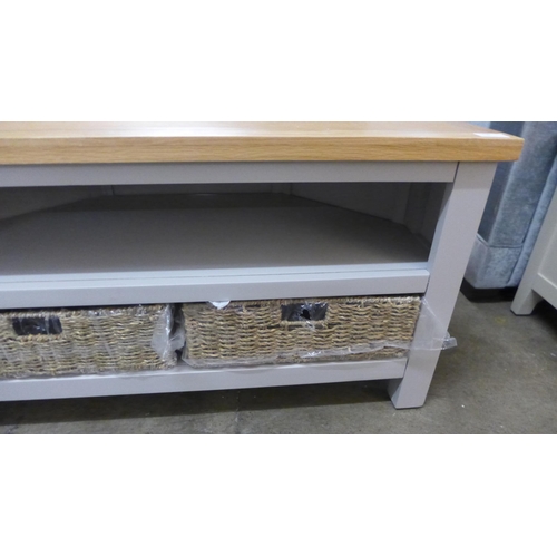 1388 - A Salisbury grey painted and oak corner TV unit with baskets *This lot is subject to VAT