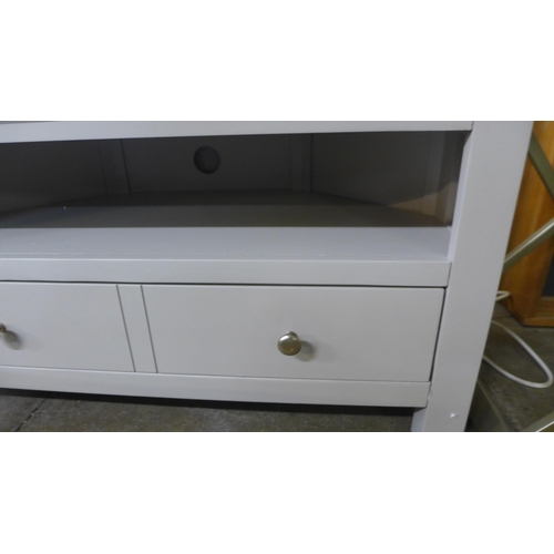 1437 - A Salisbury grey painted and oak corner TV unit (cracked frame) *This lot is subject to VAT