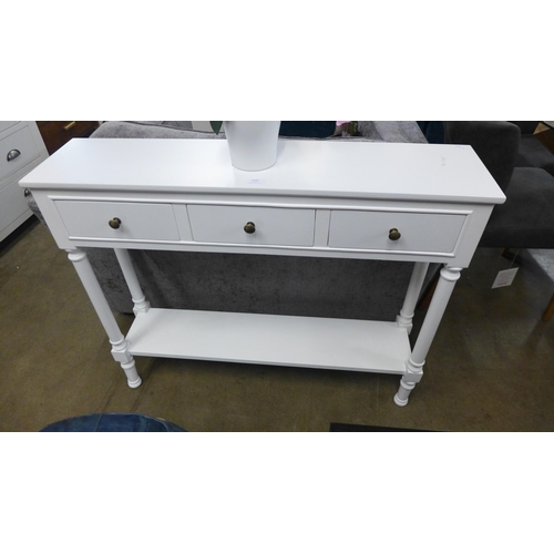 1449 - A white three drawer console table ( marked )