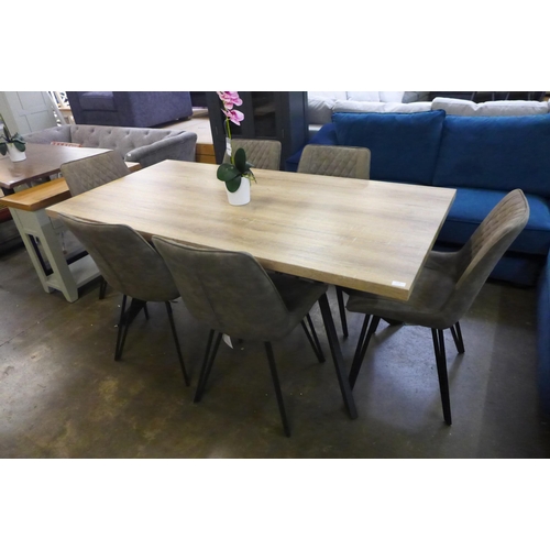 1528 - A Kamala 1.8m washed oak dining table with a set of six Finnick light grey chairs