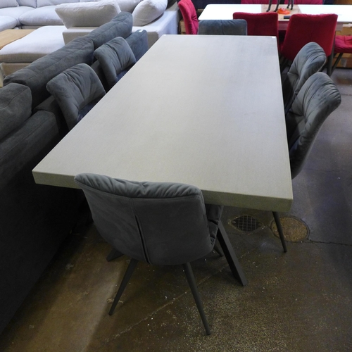 1586 - A Stone 1.8m dining table with a set of six Arana grey velvet chairs