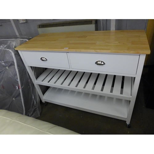 1620 - A white painted and oak two drawer kitchen trolley unit