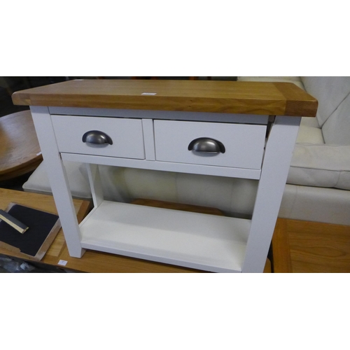 1702 - A blue painted and oak TV unit with baskets, a Hampshire white painted and oak console table and a c... 