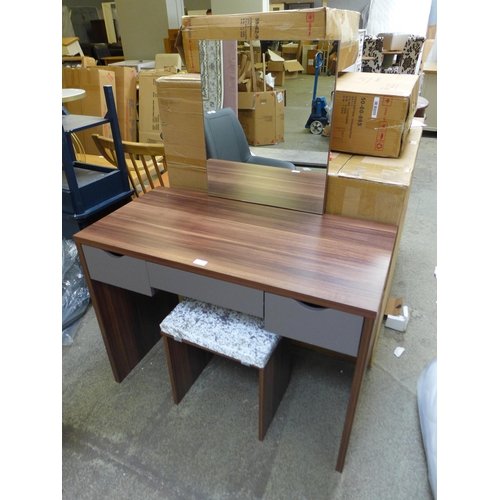 1754 - A walnut effect and grey painted dressing table with mirror and stool