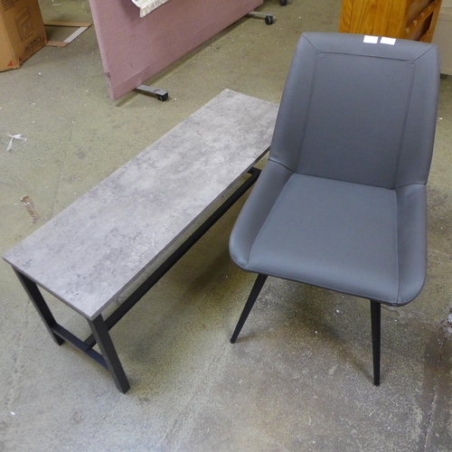 1757 - An industrial style bench and grey upholstered side chair *This lot is subject to VAT