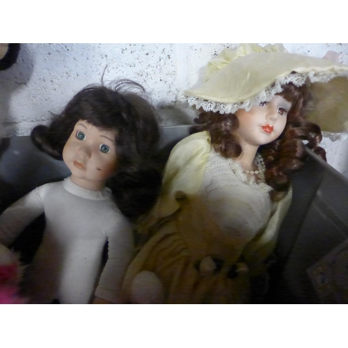 2244 - 4 Porcelain dolls with collection of soft toys