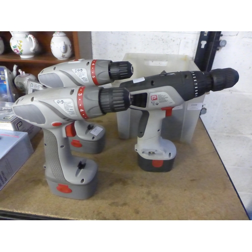 2248 - 3 P Performance Power cordless drills: 2 x 13.3v, 1 x 18v with batteries - no charger - W