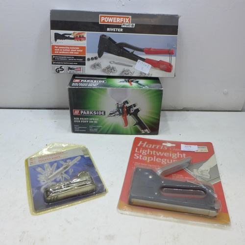 2279 - Parkside air paint gun, Powerfix riveter, staple gun, pocket knife all packaged and boxed