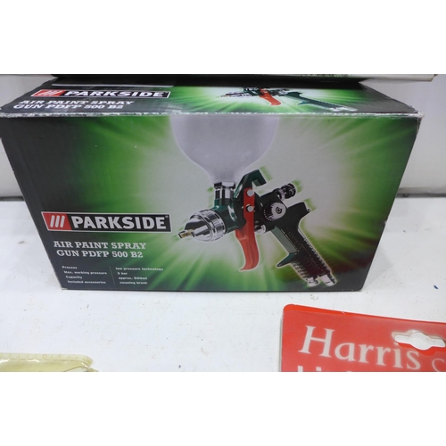 2279 - Parkside air paint gun, Powerfix riveter, staple gun, pocket knife all packaged and boxed