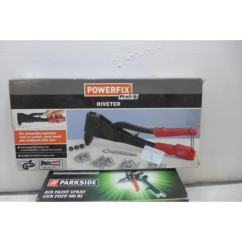 2279 - Parkside air paint gun, Powerfix riveter, staple gun, pocket knife all packaged and boxed