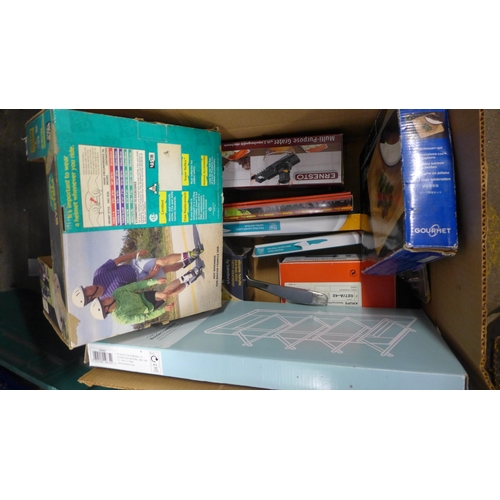 2298 - Box of misc. household items inc. multi purpose grater, 3 kitchen knives, 2 pans, cycle helmet, etc.