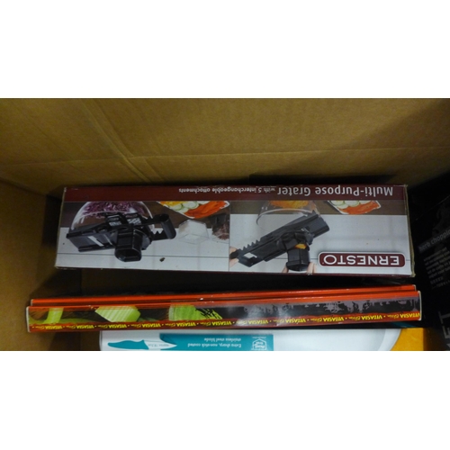 2298 - Box of misc. household items inc. multi purpose grater, 3 kitchen knives, 2 pans, cycle helmet, etc.