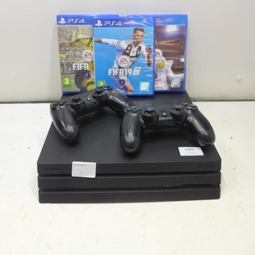 2302 - Sony Playstation 4Pro 1TB 4k gaming console with 2 controllers & 3 football games - W