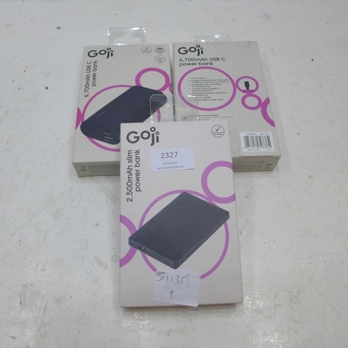 2327 - 3 x Goji 6700 mAh USB 'C' power banks - sealed