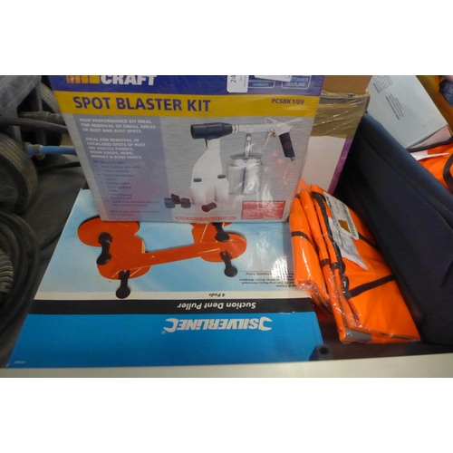 2422 - Spot blaster kit - unused, suction dent puller - unused, 3 hi-vis vests L/XL