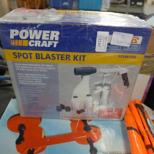 2422 - Spot blaster kit - unused, suction dent puller - unused, 3 hi-vis vests L/XL