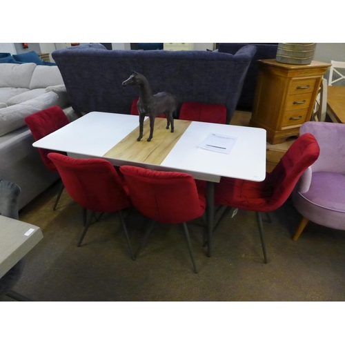 1580A - A Corran white gloss and oak extending dining table with a set of six Arana red velvet chairs (Boxed... 