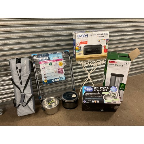 2494 - Pallet of misc. household items Brita water filter, Mothercare travel cot, unused saucepans, Epson p... 