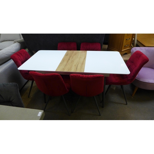 1399 - A Corran white gloss and oak extending dining table with a set of six Arana red velvet chairs - boxe... 