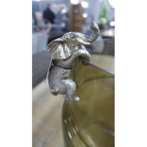 1408 - A large glass Kuda vase, with Ellie the elephant pot hanger H 36cms marked (505941340652215)   #