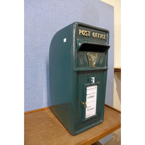 408 - A green painted metal Post Office letter box, with key