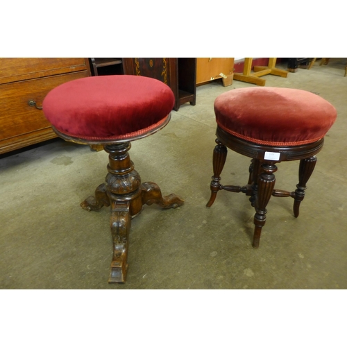 129 - A Victorian mahogany piano stool and a carved walnut revolving piano stool