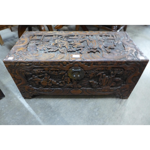 135 - A small eastern carved camphorwood blanket box