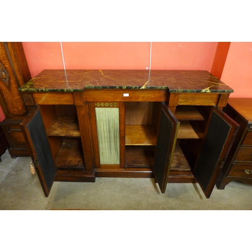 34 - A Regency rosewood, brass inlaid and faux marble topped breakfront side cabinet, 95cms h, 151cms w, ... 