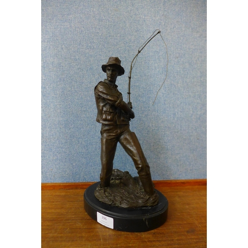 396 - After Milo, bronze figure of a fly fisherman, on black marble socle